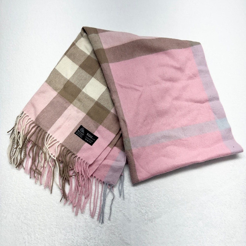 UGG Plaid‎ Scarf Womens OS Pink Brown Check Merino Wool Fringe Wrap [Size] OS